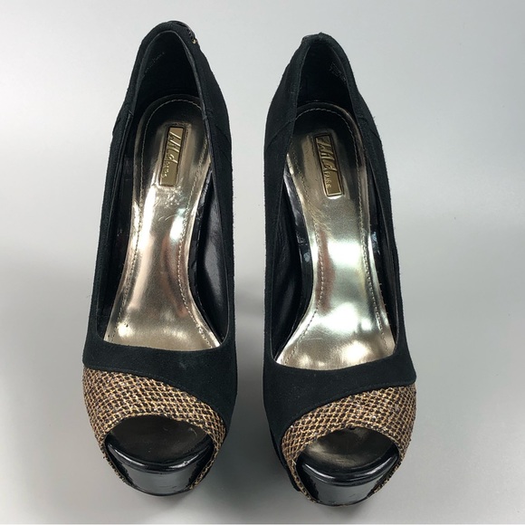 Wild Pair Suede Gold Mesh Peep Toe Heels Size 7.5 - Picture 9 of 15